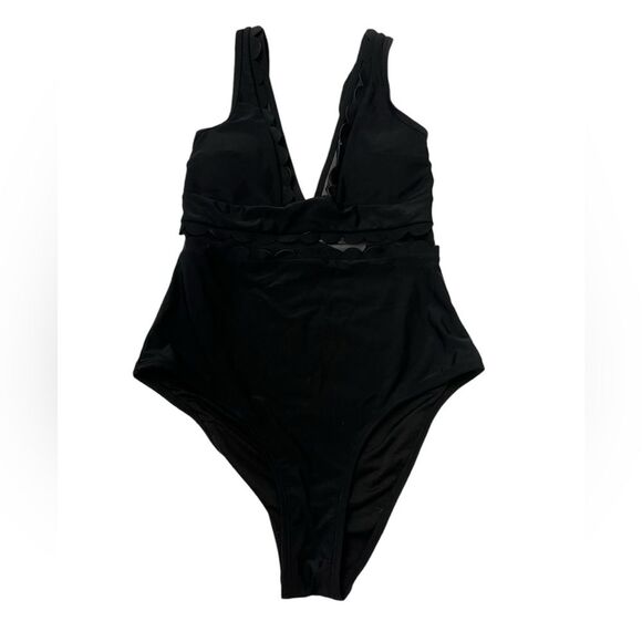 CUPSHE Women's One Piece V Neck Scalloped Mesh Swimsuit in Black SZ S - Picture 3 of 7
